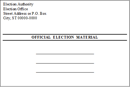 Election Authority
Election Office
Street Address or P.O. Box
City, ST 00000-0000



OFFICIAL  ELECTION  MATERIAL


_____________________________

_____________________________

_____________________________

