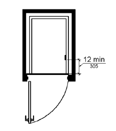 A plan view shows an elevator with an out-swinging hoistway door.  The control panel is shown on the car side wall 12 inches (305 mm) minimum from the front.